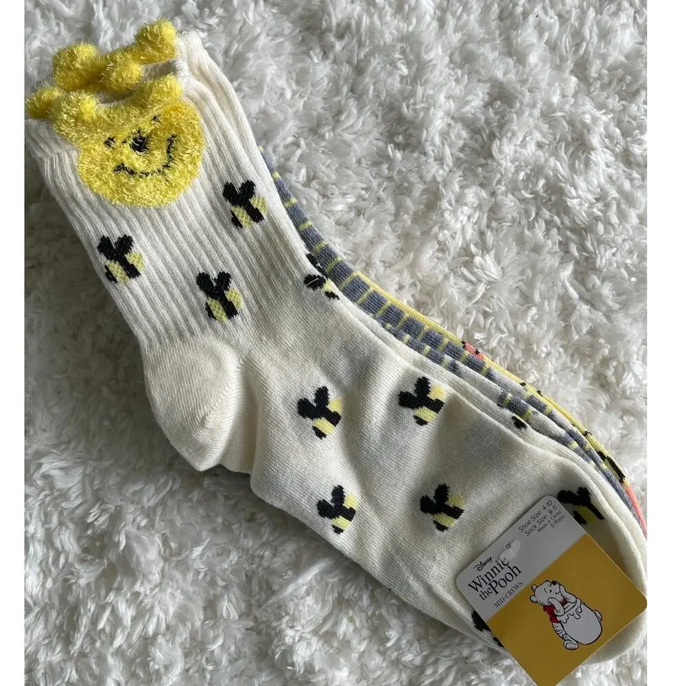 Disney Winnie the Pooh Mid Crew Socks 5 Pairs NEW Size 9-11 Womens Gray Tan